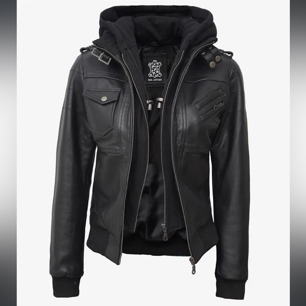 Men's Styled Black Hooded Lambskin Leather Jacket with Ribbed Hem